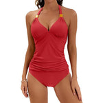Women's halter split-tie two-piece swimsuit, red halter top with ruched waist bottoms
