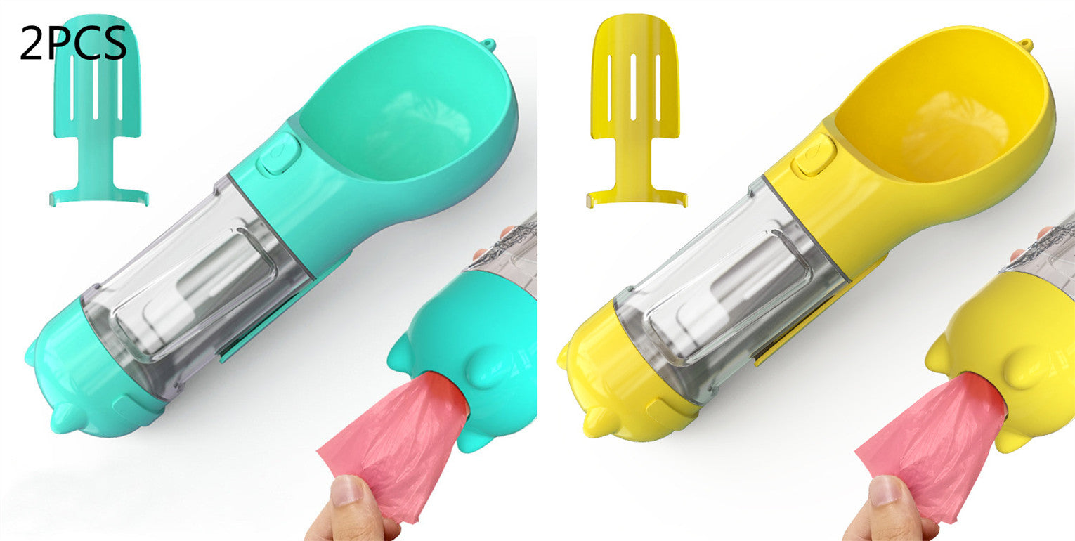 Portable pet water bottle feeder with teal and yellow bowls, clear bottle, includes pink waste bags