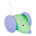 Green and purple automatic mouse cat toy with curved tail and rounded shell body