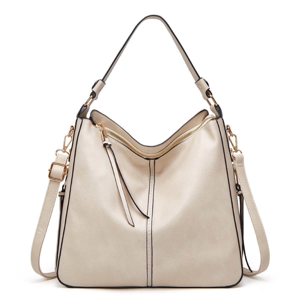 Beige hobo bucket bag with zipper top and side tassel details
