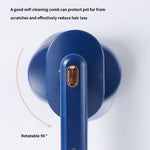 Self-cleaning pet hair comb with dark blue rotating head and metal button