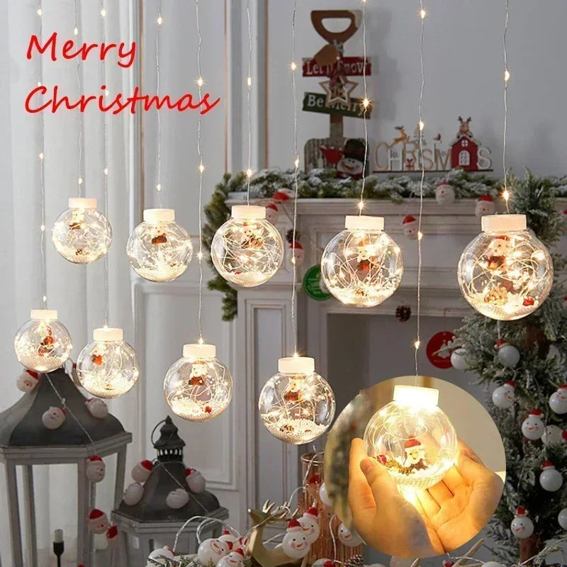 10 Uds. Lámpara de cortina LED de Navidad, muñeco de nieve de hadas, bola de los deseos, cadena de luces de Navidad, decoración de ventana de Navidad, luz de Navidad para habitación
