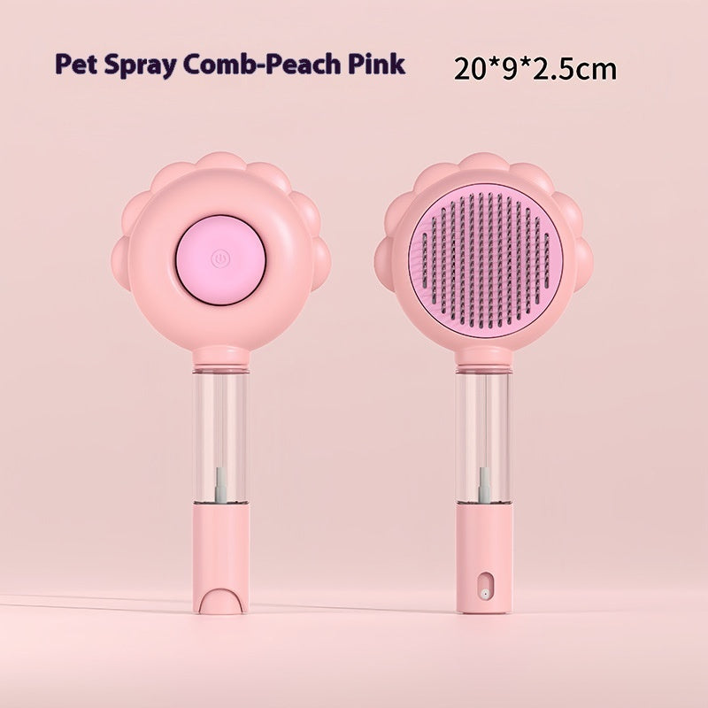 Peach pink pet spray comb with round bristle brush head and spray bottle handle