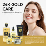24K gold skincare set with multiple serum bottles, cream jar, and gold foil tube