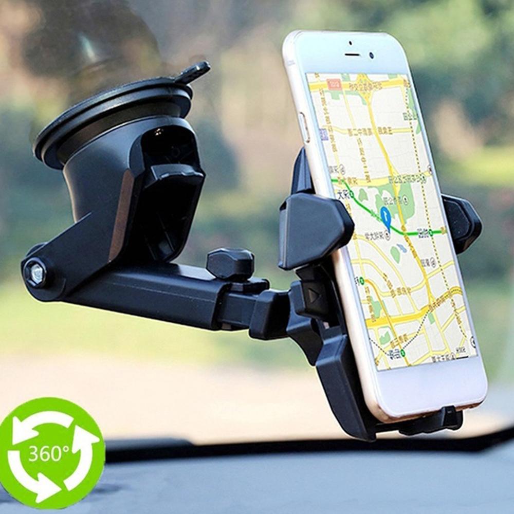 Universal car phone holder with black suction mount and adjustable cradle for window use