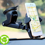 Universal car phone holder with black suction mount and adjustable cradle for window use