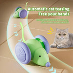 Green electric mouse cat toy with purple wheels and curling tail, automatic teaser design
