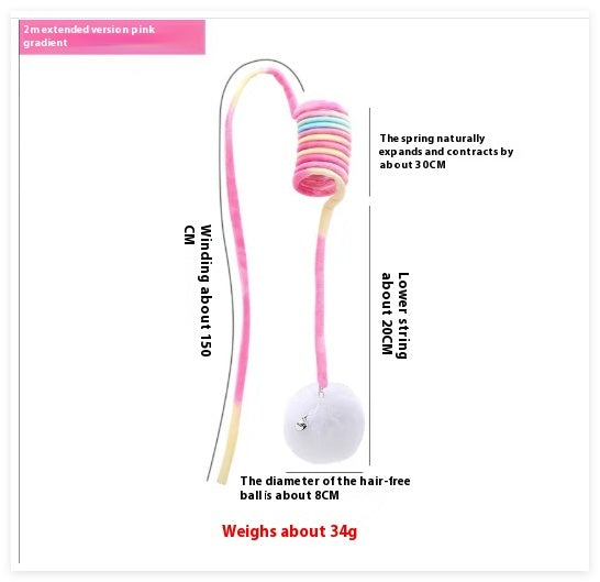 Pink gradient spring cat toy with rabbit-style fur hair ball and flexible cord