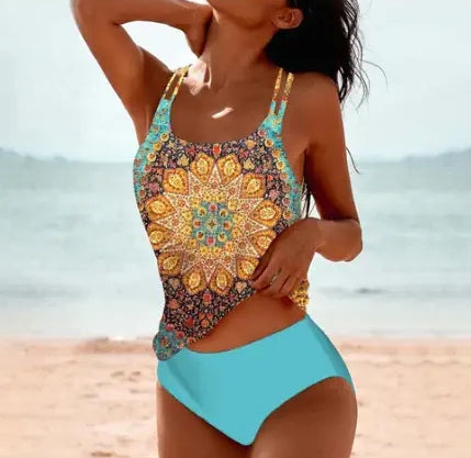 Split high-waist bikini set with multicolor ornate print tank and light blue bottoms