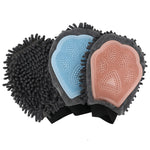 2-in-1 pet grooming glove, gray chenille with blue and pink silicone pads
