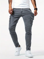 Gray denim cargo pants with belt loops and side cargo flap pockets