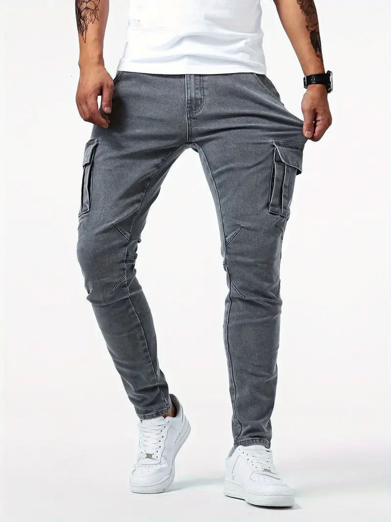 Gray denim cargo pants with belt loops and side cargo flap pockets