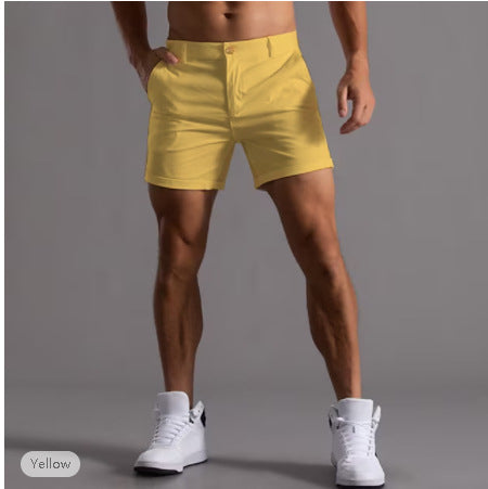 Men's yellow cotton shorts with button front and side pockets