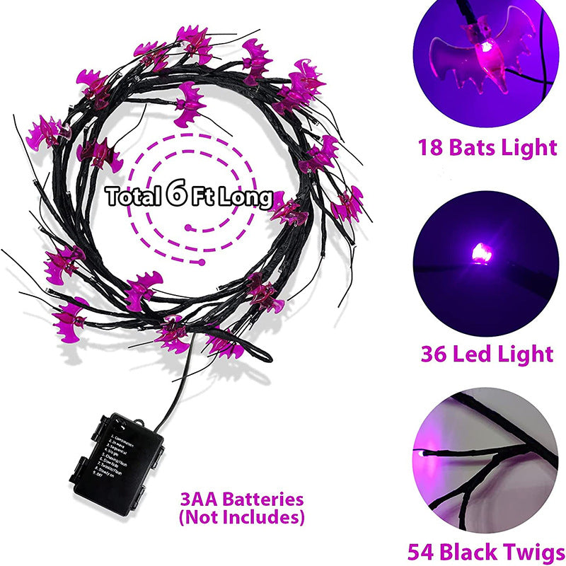 Guirnalda de luces LED de sauce de Halloween con motivos de murciélago y calabaza para decoración interior y exterior de fiestas y casas