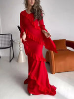 Red V-neck maxi dress with ruffle layers and flared bell sleeves