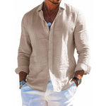 Men's long-sleeve button-up shirt, beige, lapel collar, solid button front