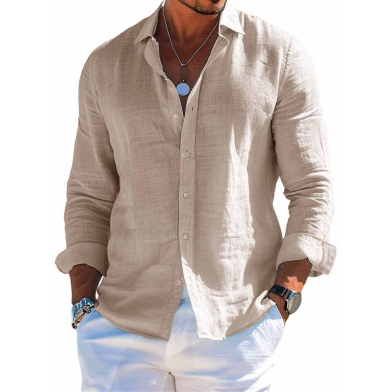 Men's long-sleeve button-up shirt, beige, lapel collar, solid button front