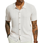 Men's knit polo shirt in white, short sleeves, button placket, lapel collar, vertical knit pattern