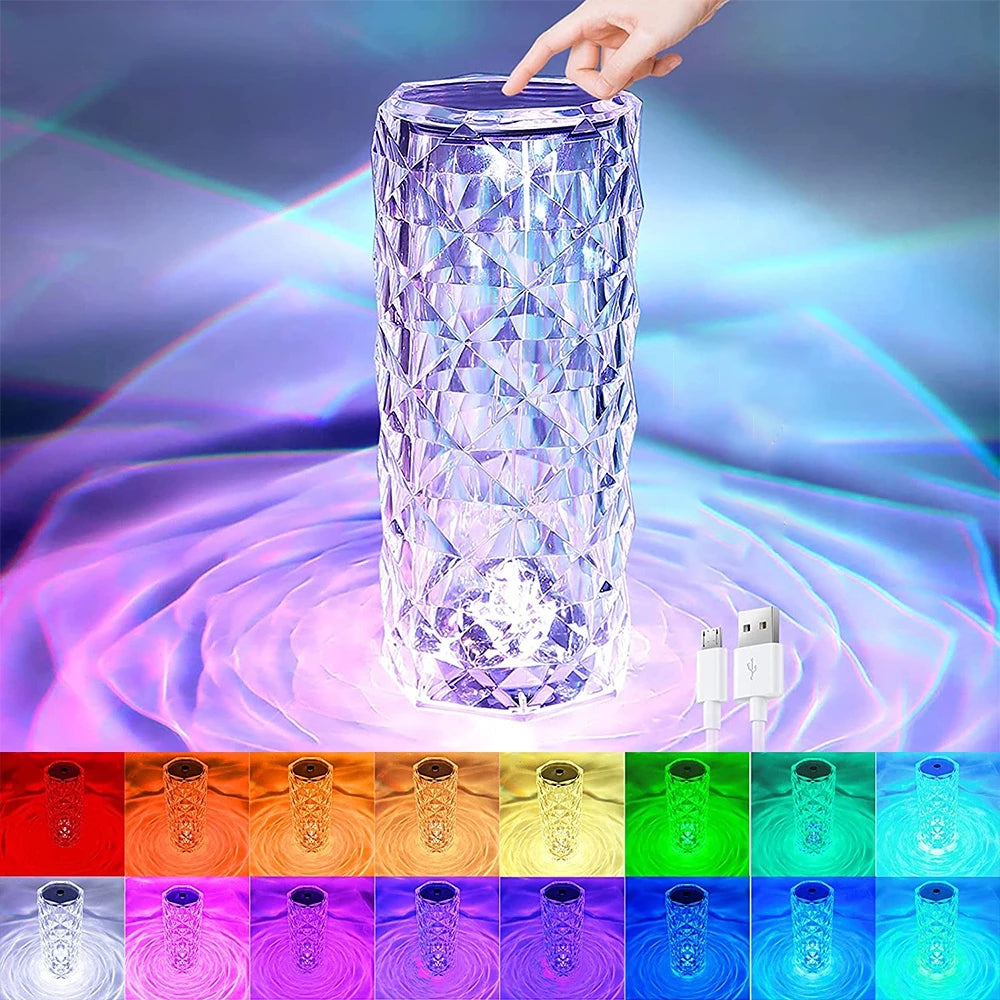 Lámpara de cristal LED de 16 colores, luz de rosa, lámparas de mesa táctiles, dormitorio