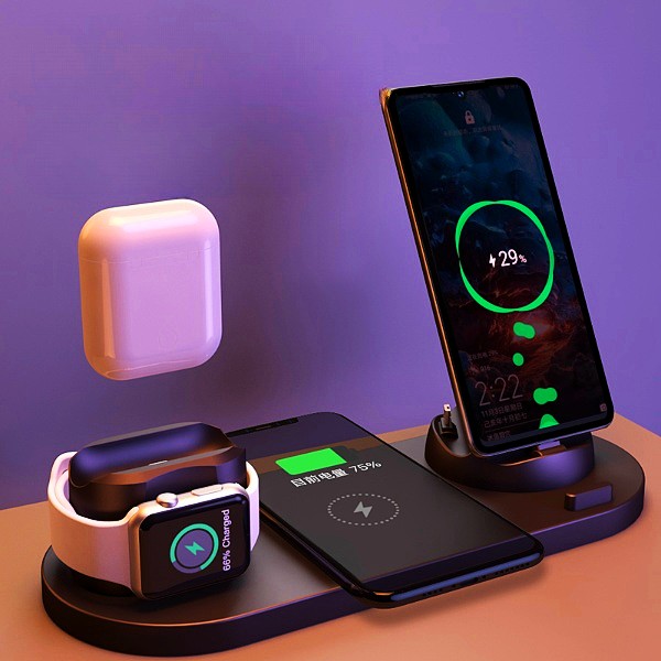 Wireless charging dock station with phone stand, smartwatch cradle, and wireless pad